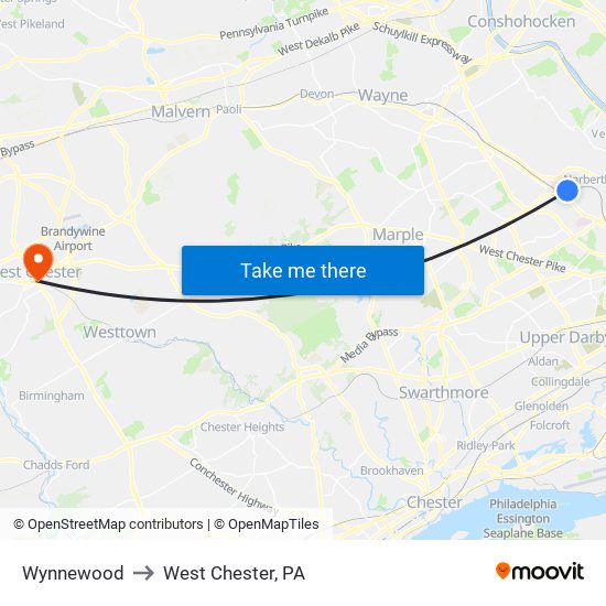 Wynnewood to West Chester, PA map