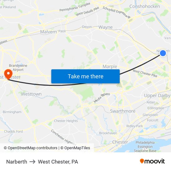 Narberth to West Chester, PA map