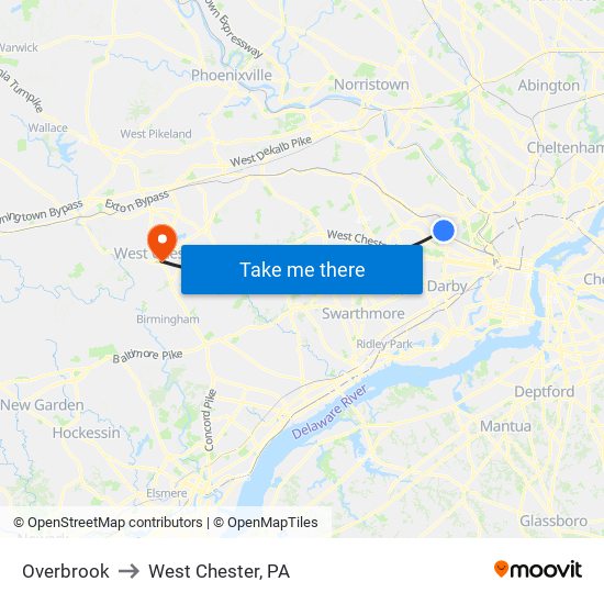 Overbrook to West Chester, PA map