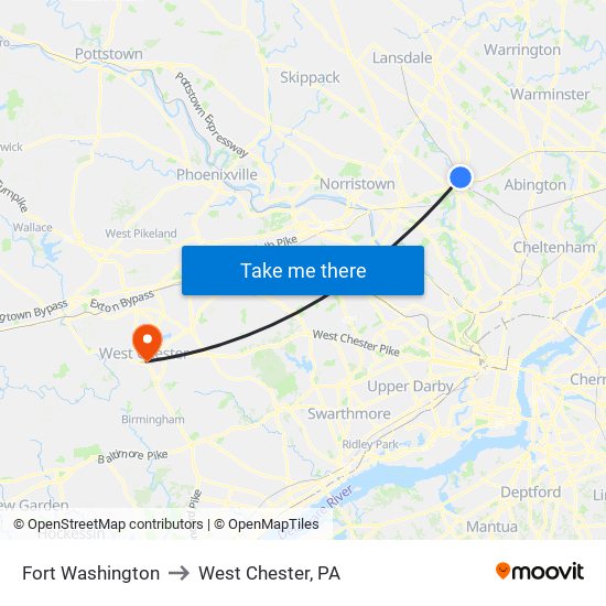 Fort Washington to West Chester, PA map