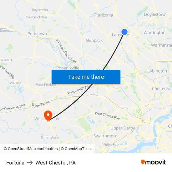 Fortuna to West Chester, PA map