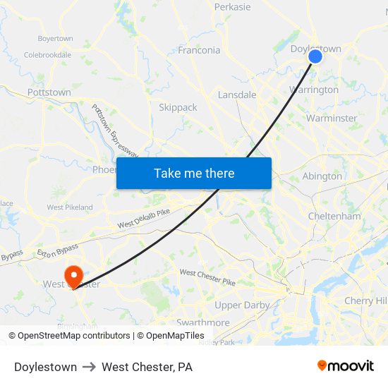 Doylestown to West Chester, PA map