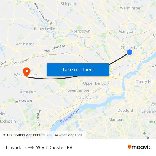 Lawndale to West Chester, PA map