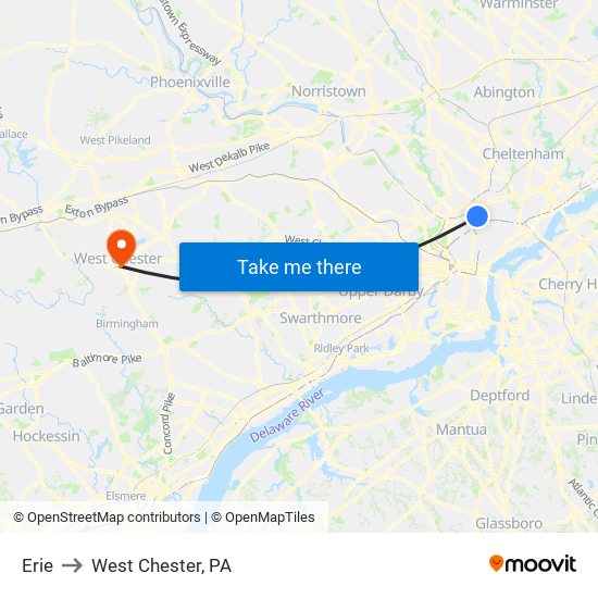 Erie to West Chester, PA map