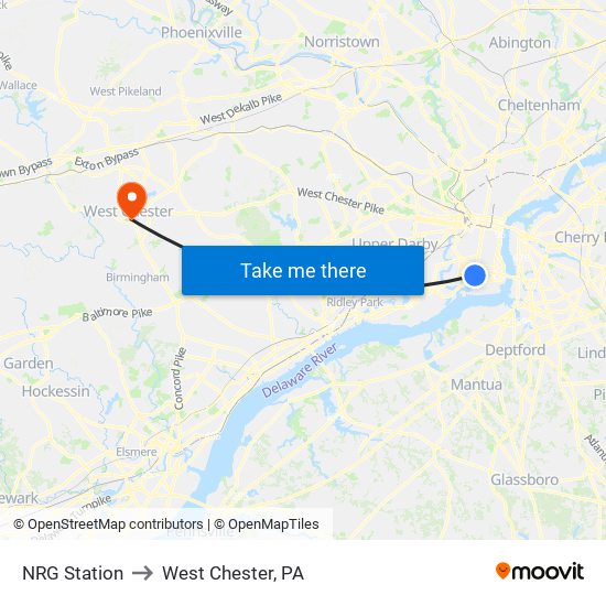 NRG Station to West Chester, PA map