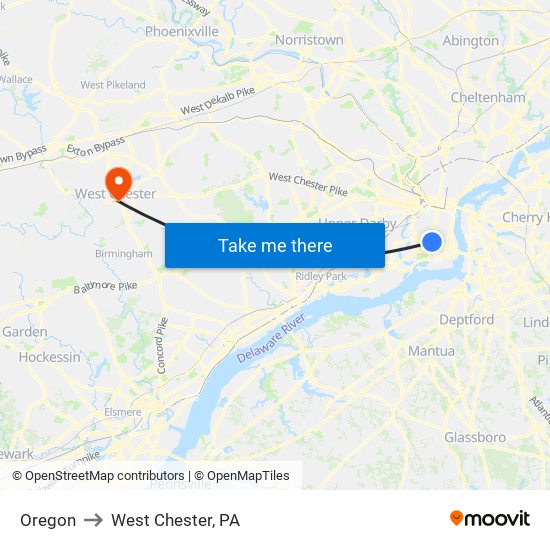 Oregon to West Chester, PA map