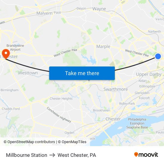 Millbourne Station to West Chester, PA map