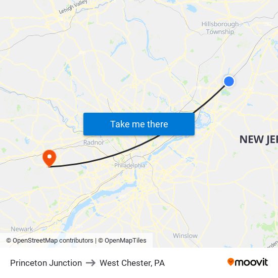 Princeton Junction to West Chester, PA map