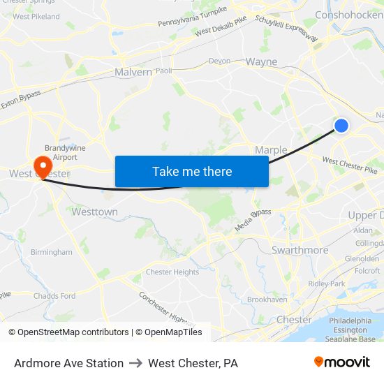 Ardmore Ave Station to West Chester, PA map