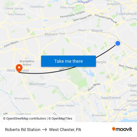 Roberts Rd Station to West Chester, PA map