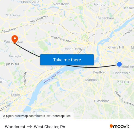 Woodcrest to West Chester, PA map