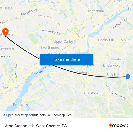 Atco Station to West Chester, PA map