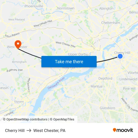 Cherry Hill to West Chester, PA map