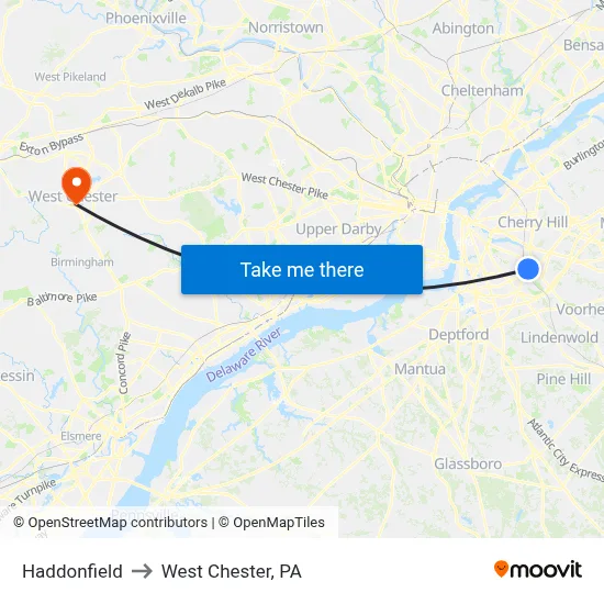 Haddonfield to West Chester, PA map
