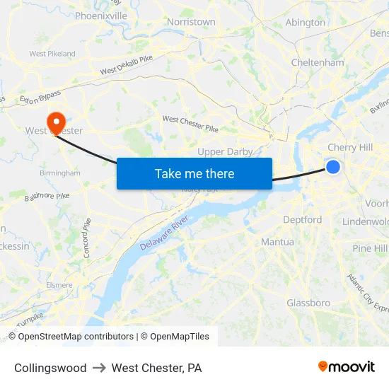 Collingswood to West Chester, PA map