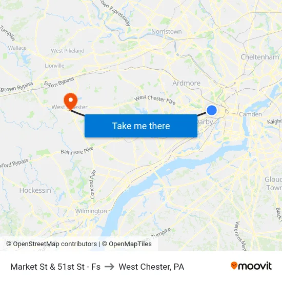 Market St & 51st St - Fs to West Chester, PA map