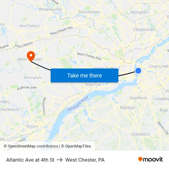 Atlantic Ave at 4th St to West Chester, PA map