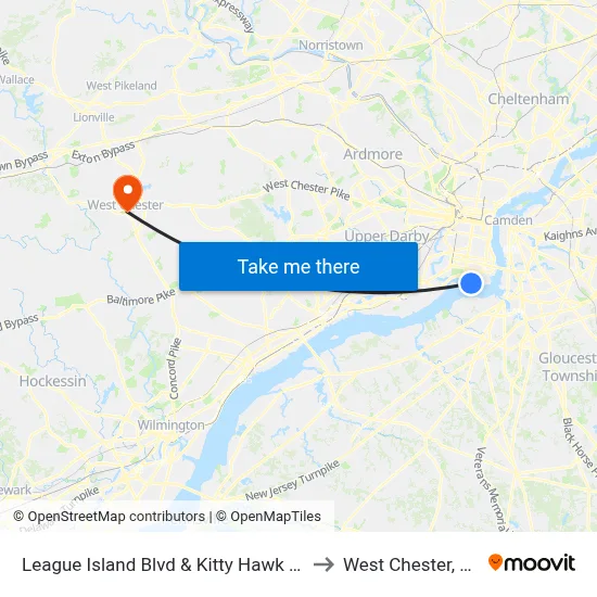 League Island Blvd & Kitty Hawk Av to West Chester, PA map