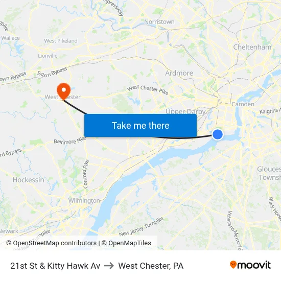 21st St & Kitty Hawk Av to West Chester, PA map