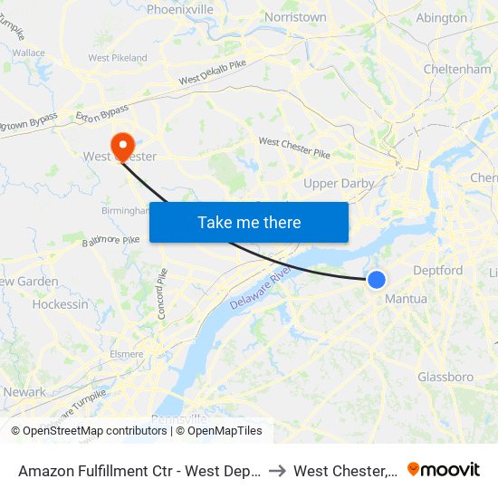 Amazon Fulfillment Ctr - West Deptford to West Chester, PA map