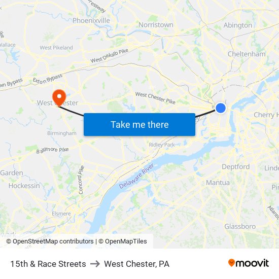 15th & Race Streets to West Chester, PA map