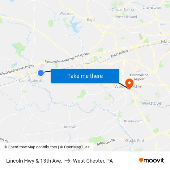 Lincoln Hwy & 13th Ave. to West Chester, PA map