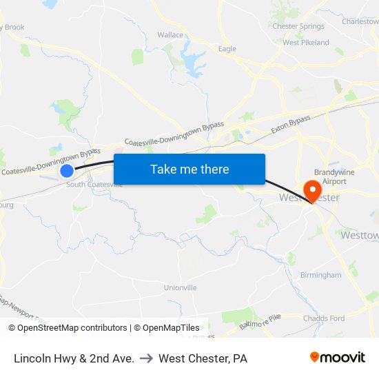 Lincoln Hwy & 2nd Ave. to West Chester, PA map