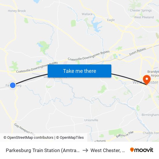 Parkesburg Train Station (Amtrak) to West Chester, PA map