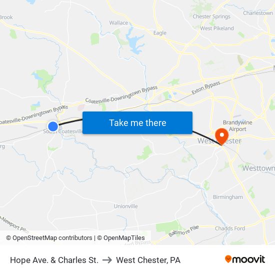 Hope Ave. & Charles St. to West Chester, PA map