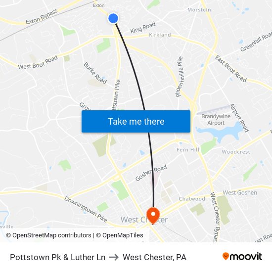 Pottstown Pk & Luther Ln to West Chester, PA map