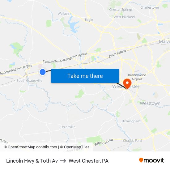 Lincoln Hwy & Toth Av to West Chester, PA map