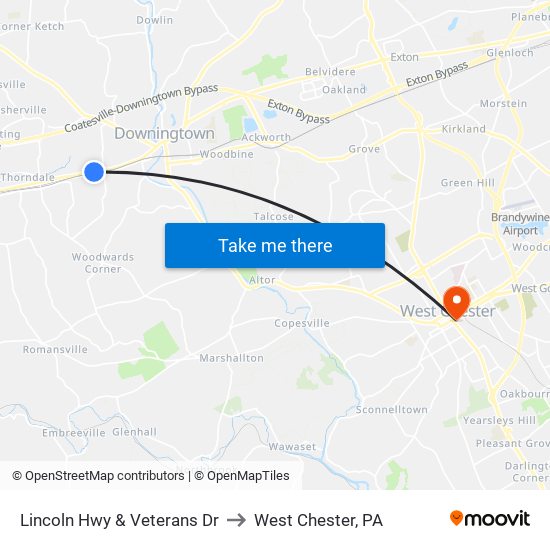 Lincoln Hwy & Veterans Dr to West Chester, PA map