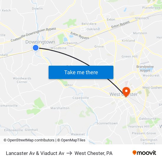 Lancaster Av & Viaduct Av to West Chester, PA map