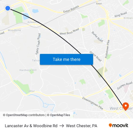 Lancaster Av & Woodbine Rd to West Chester, PA map