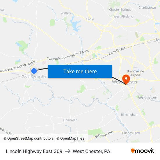 Lincoln Highway East 309 to West Chester, PA map