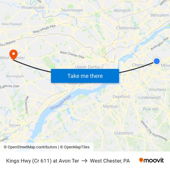 Kings Hwy (Cr 611) at Avon Ter to West Chester, PA map