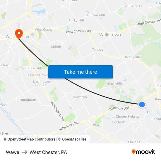Wawa to West Chester, PA map