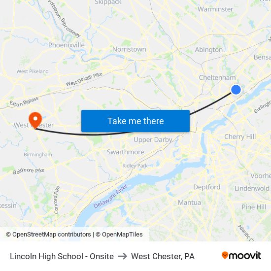 Lincoln High School - Onsite to West Chester, PA map