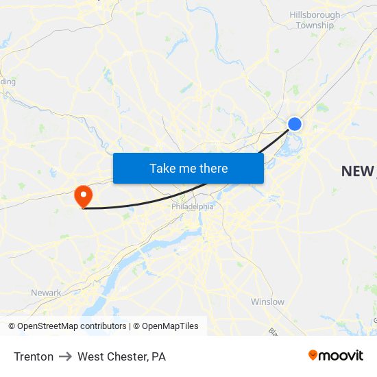 Trenton to West Chester, PA map