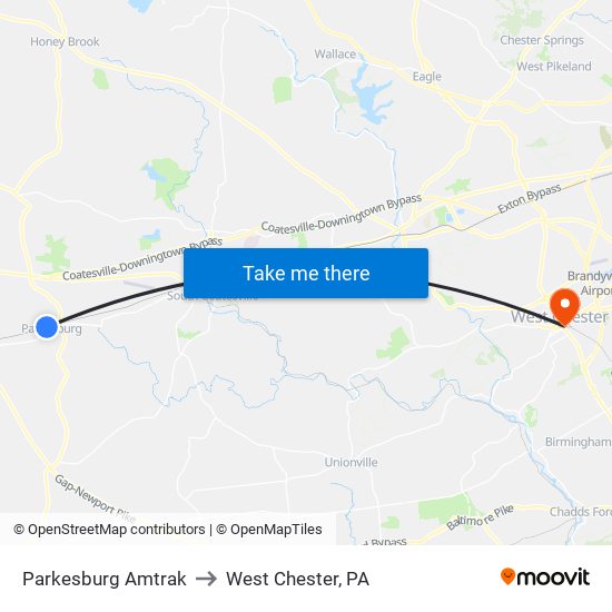 Parkesburg Amtrak to West Chester, PA map
