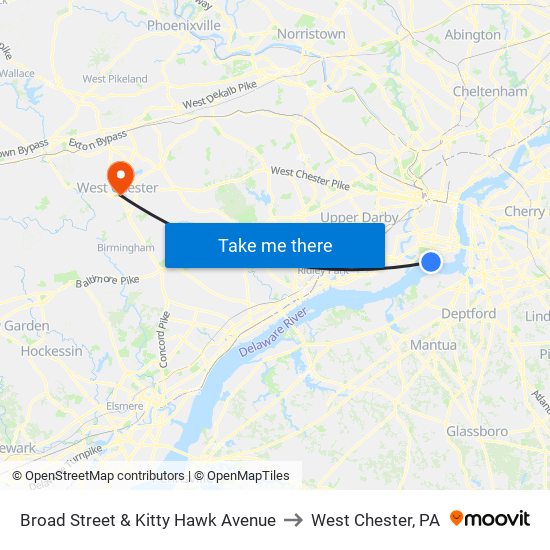 Broad Street & Kitty Hawk Avenue to West Chester, PA map