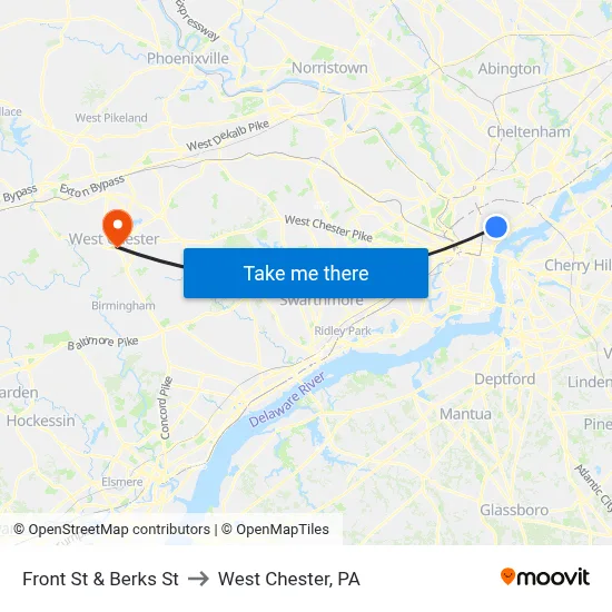 Front St & Berks St to West Chester, PA map