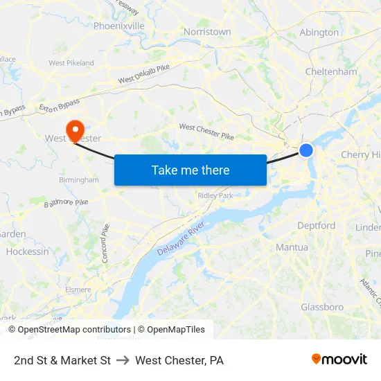 2nd St & Market St to West Chester, PA map