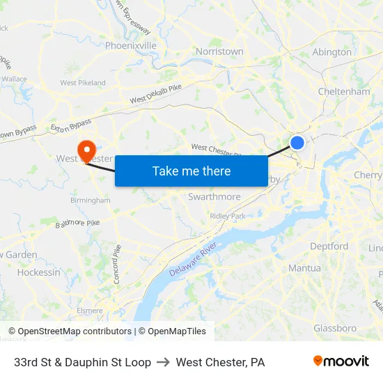 33rd St & Dauphin St Loop to West Chester, PA map