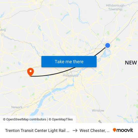 Trenton Transit Center Light Rail Sta to West Chester, PA map