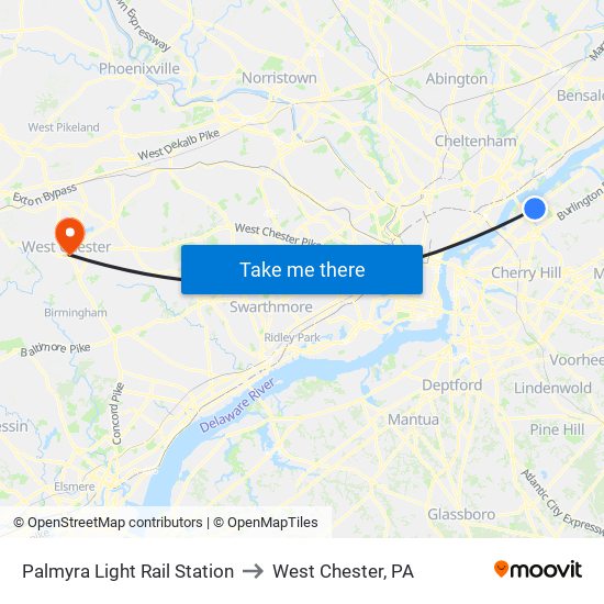 Palmyra Light Rail Station to West Chester, PA map