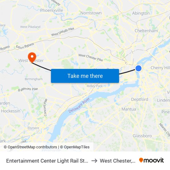 Entertainment Center Light Rail Station to West Chester, PA map