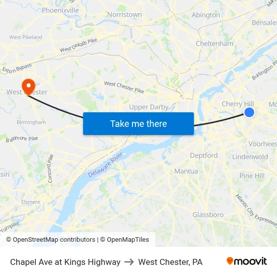 Chapel Ave at Kings Highway to West Chester, PA map
