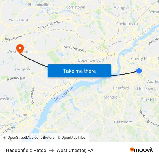 Haddonfield Patco to West Chester, PA map