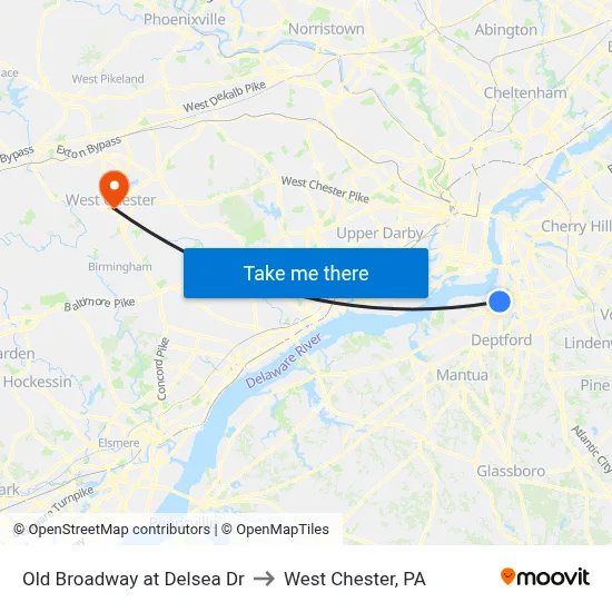 Old Broadway at Delsea Dr to West Chester, PA map